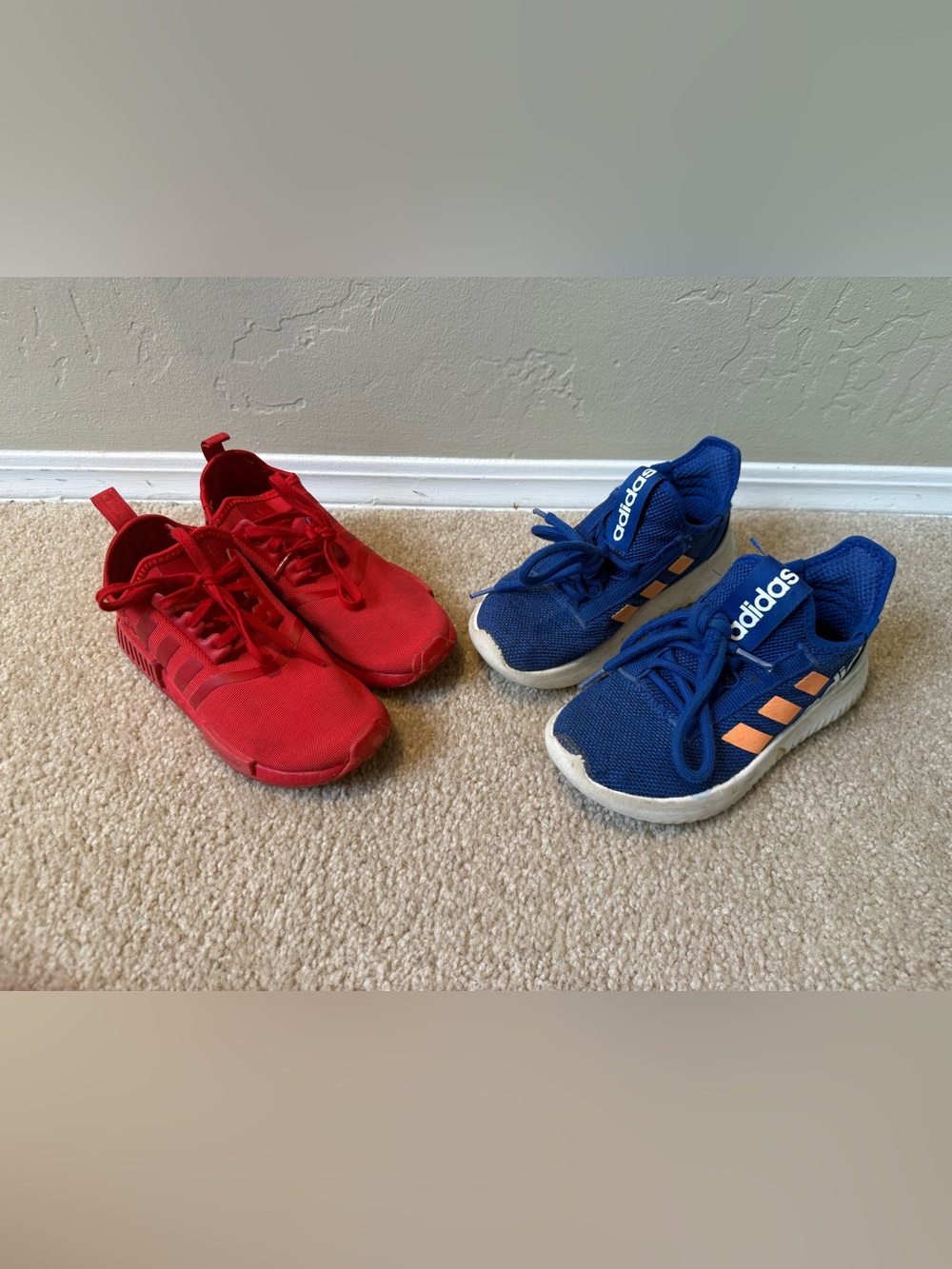 2 pairs of Adidas Kids Red and Blue Sneaker Pair
